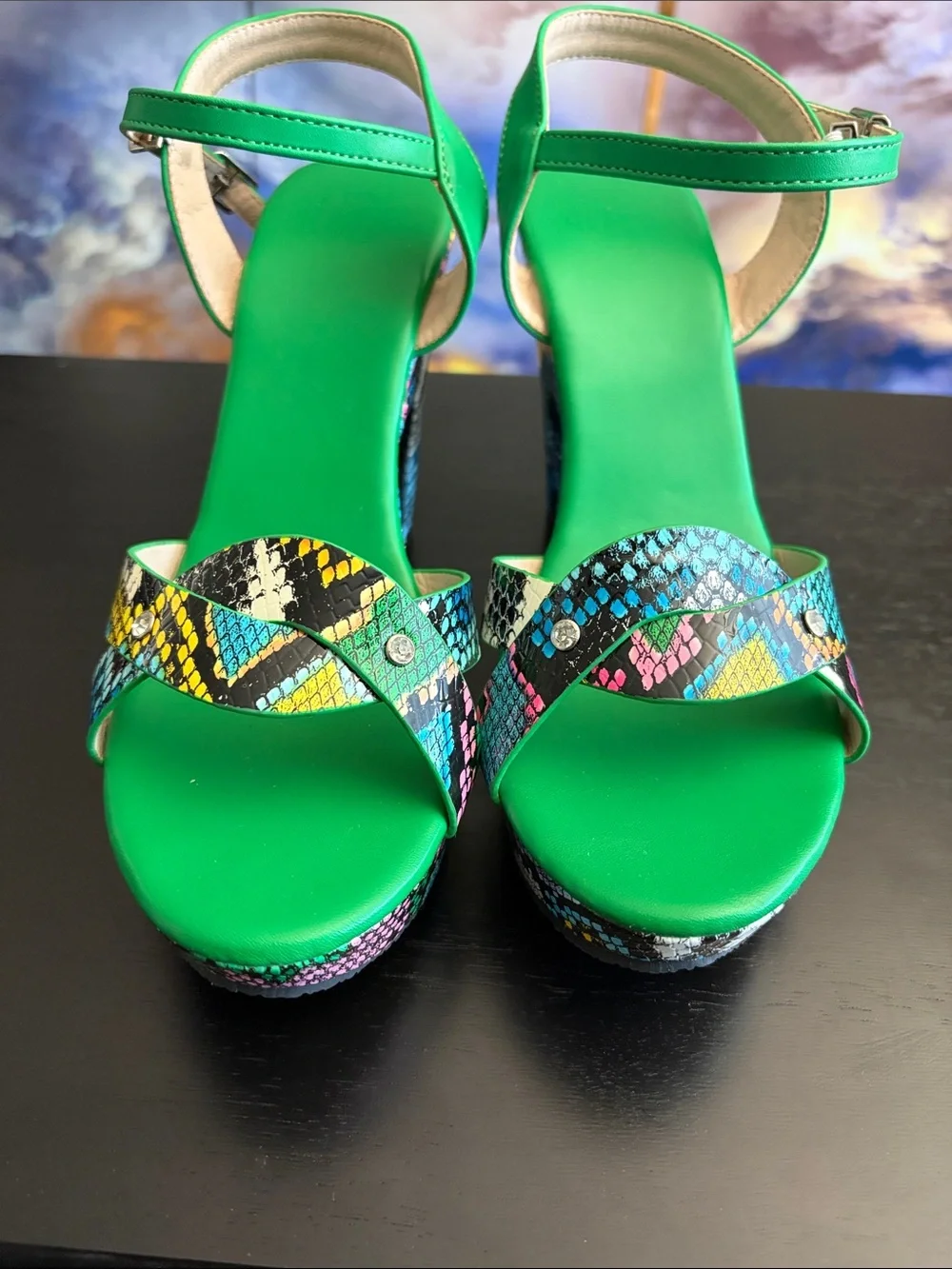 SHEIN Green Multicolor Snakeskin Platform Heels, EU Size 40, US Size 9